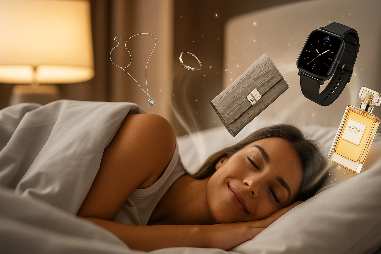 Woman sleeping in bed with various products floating above her.